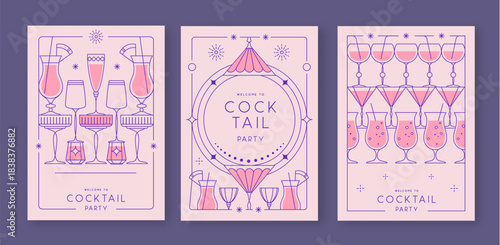 Set of line art retro cocktail party posters with cocktail and champagne glasses. Holiday frames. Vector illustration