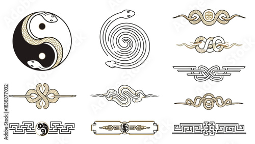 Collection of nine distinct chinese and japanese style vector ornaments featuring snakes and yin yang symbols