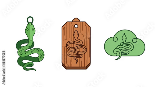 Collection of three distinct green snake icons representing nature mythology and programming concepts clearly