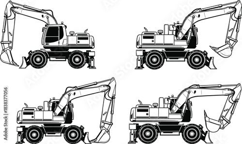 Set of wheeled excavator construction vehicle silhouettes, industrial heavy machinery equipment illustration for building, repair, excavation, engineering and infrastructure projects