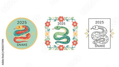 Three distinct artistic representations of the 2025 chinese zodiac snake symbol for lunar new year celebrations