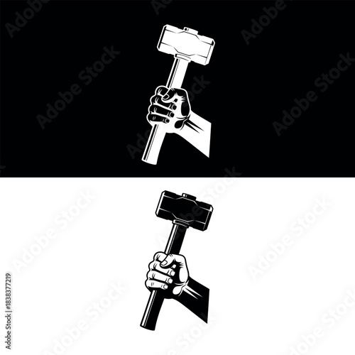 Bold black silhouette of a hand gripping a sledge hammer isolated on Black & white background