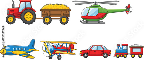 Transportation cartoon vector set with tractor helicopter airplanes car and train for kids education illustration