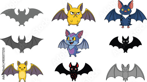 Bat cartoon vector set with spooky Halloween flying animals silhouettes and colorful cute character designs