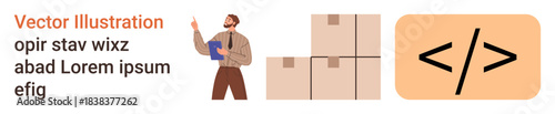 Logistics, e-commerce, coding, programming, supply chain, software development. A warehouse worker with boxes next to a code symbol. Logistics and technology integration concept