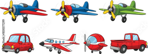 Cartoon airplane and car vector set with colorful propeller aircraft and vehicles for kids illustration