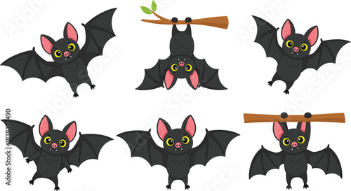 Cute bat cartoon vector set with flying animals hanging and carrying branches in kawaii style