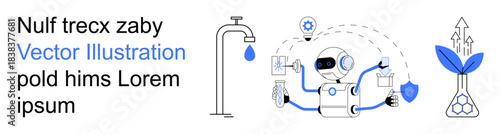 Artificial intelligence, technology, renewable energy, sustainability, water conservation, ecological innovation. Robot performing tasks with resources. AI technology and renewable energy concept
