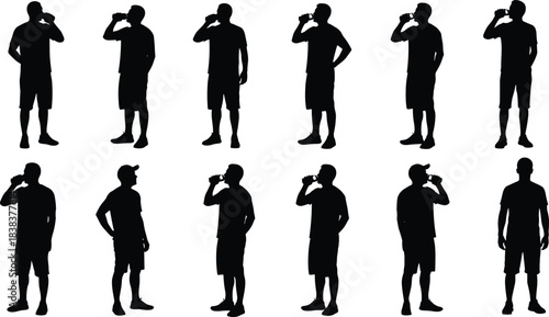 Silhouette of men drinking water with different poses, hydration health concept, active lifestyle, fitness refreshment, human figure illustration collection