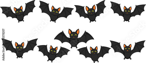 Cute flying bat cartoon vector set with spooky Halloween animal characters in different wing poses