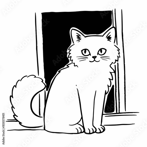 A fluffy white cat with a long tail is sitting on a window sill, looking at the viewer with curiosity and charm