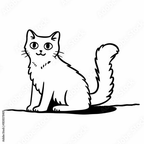 Charming black and white illustration of a fluffy cat sitting and looking attentively, perfect for pet-themed designs
