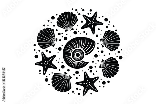 seashells and starfish circle pattern icon black silhouette vector