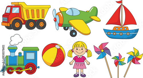 Cute kids toys and transportation cartoon vector set with truck airplane boat train girl and pinwheels