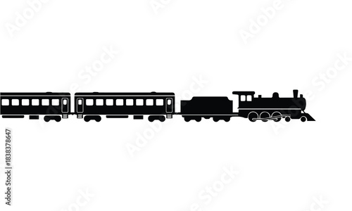 Silhouette of a vintage steam train with passenger cars