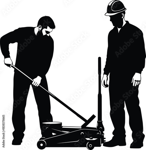 Two mechanics working with hydraulic floor jack in auto repair shop silhouette, professional car maintenance service, teamwork, safety and industrial workshop equipment