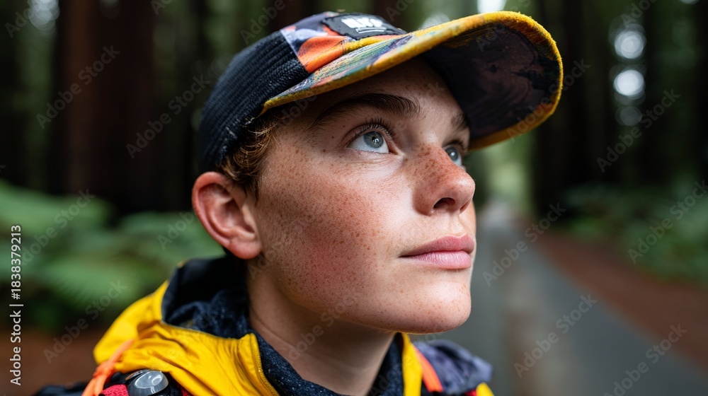Fototapeta premium A young boy hiking in a forest.