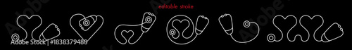 Abstract stethoscope set, heart shape editable stroke medical icon on black background. Healthcare symbol to use for health science, medical care, medical innovation, healthy lifestyle projects.