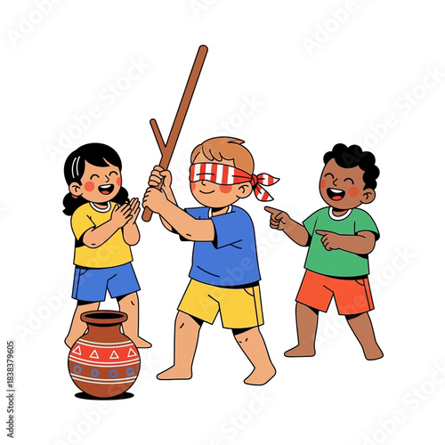 Blindfolded kid hits a traditional pot with stick watched by joyful playmates illustration