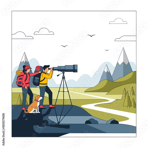 Couple explores nature together, enjoying mountain views with a telescope and dog adventure