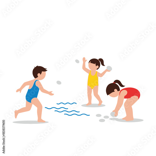 Joyful beach day: Children playing with sea pebbles, creating cherished summer memories together