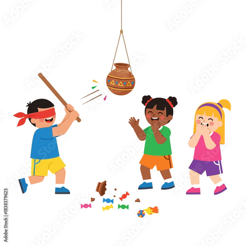 Children joyfully participate in a pi?ata game with friends celebrating with enthusiasm