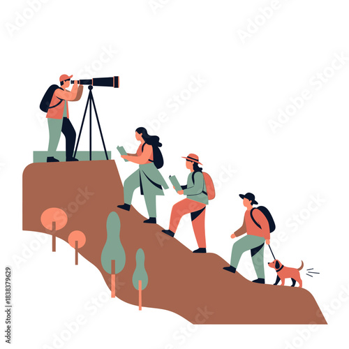 A group of hikers with a dog ascending a hill and exploring nature views together