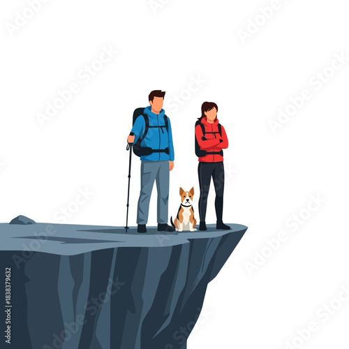 Couple with dog enjoying majestic panoramic view from a steep cliff edge exploring nature together