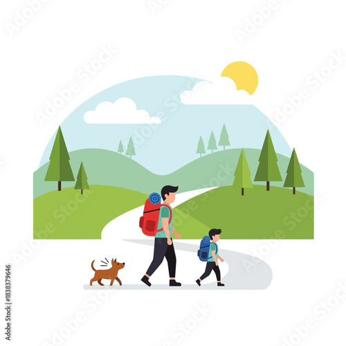Family adventure: Father and son hiking on a sunny day with their faithful dog companion creating