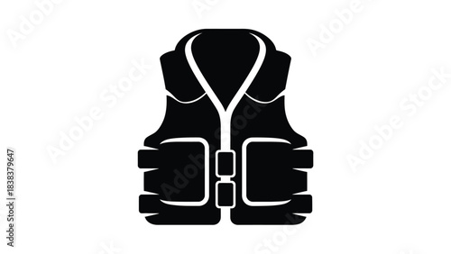 A simple black silhouette of a life vest or personal flotation device