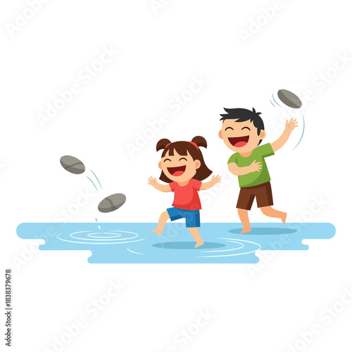 Joyful children playing and splashing in water, throwing pebbles on a bright sunny day scene