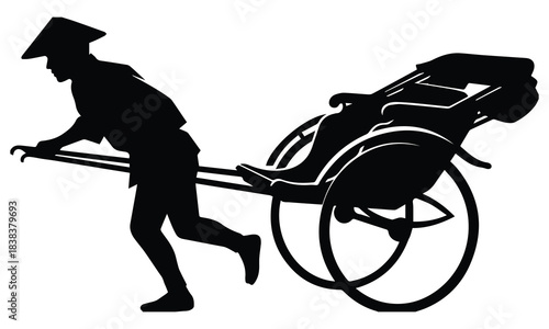 Silhouette of a rickshaw puller transporting a passenger