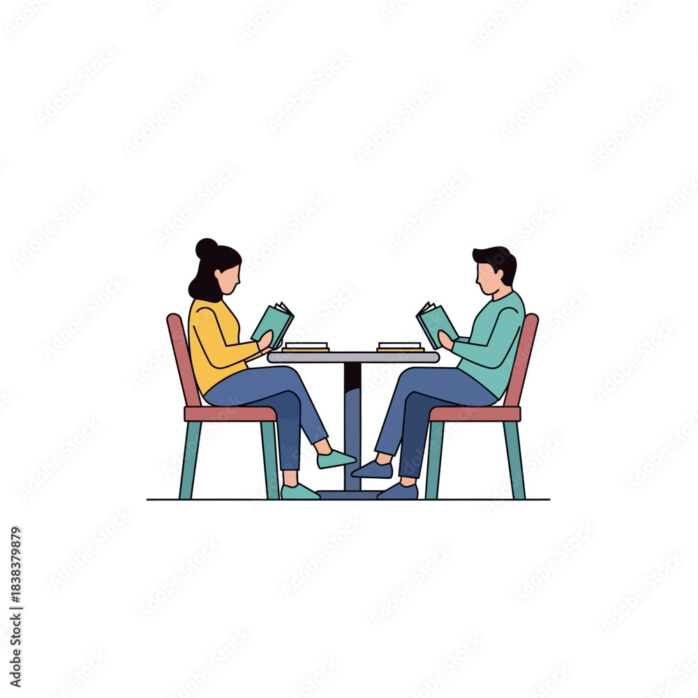 Fototapeta premium Intimate cafe reading session: A couple enjoys their books at a small table setting in