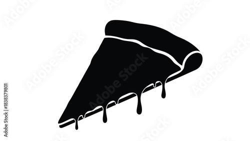 A simple black silhouette of a single slice of pizza with crust details