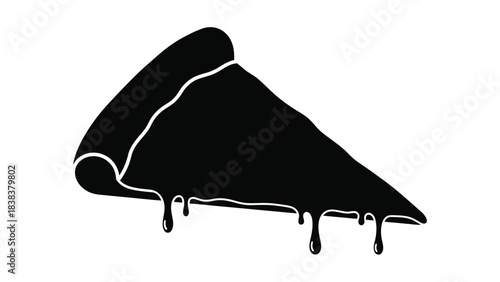 A single slice of pizza with dripping cheese illustrated in black and white