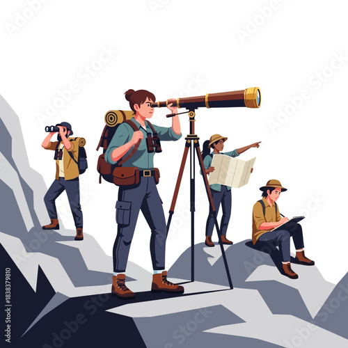 Diverse group explorers trekking mountainous terrain using optical instruments for exploration