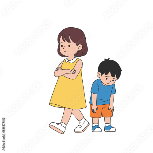 Cartoon illustration depicting sibling rivalry and conflict with emotional expressions of a girl