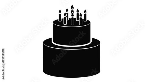 A two tiered birthday cake with lit candles on top a simple illustration