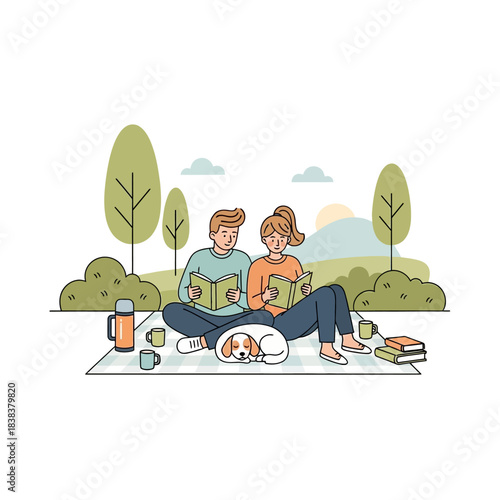 Couple enjoying a serene picnic in nature with reading books and their sleeping dog companion