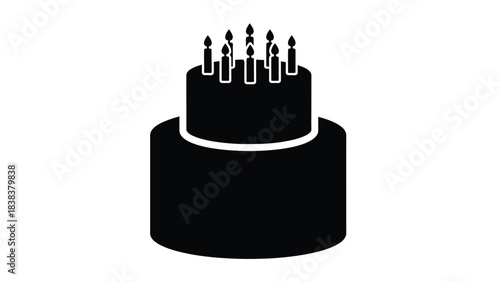 A simple black and white illustration of a two tiered birthday cake with candles