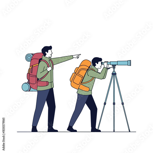 Adventurers exploring distant horizons using optical instruments for wilderness observation