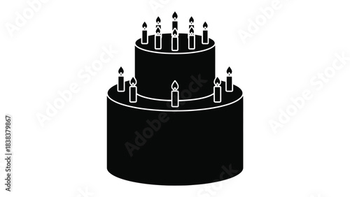 A simple black and white illustration of a two tiered birthday cake with candles