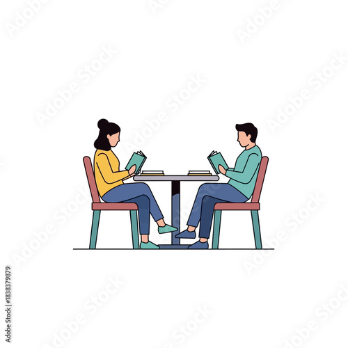 Intimate cafe reading session: A couple enjoys their books at a small table setting in
