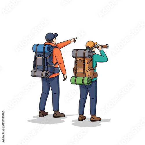 Backpackers exploring scenic vistas, capturing nature's beauty with a spyglass and pointing at new