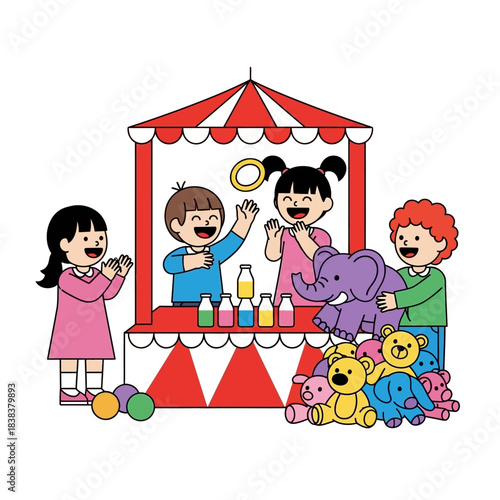 Cheerful childrens fair game: a playful scene of youthful joy and amusement at a vibrant fair stall