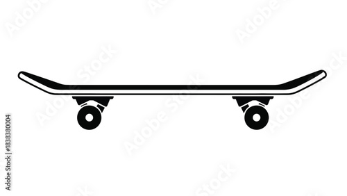 A simple black and white illustration of a classic skateboard design
