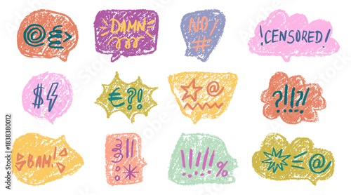  Angry speech bubble with swear words and skull icon. Comic-style cartoon frame drawn in crayon texture.  Ideal for dialog scenes showing intense emotion and offensive language