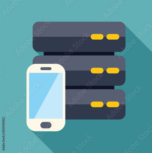 Smartphone connecting to a stack of server racks, representing mobile data storage and cloud computing