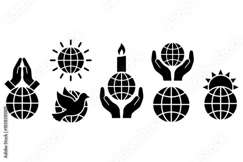 vector illustration of World Peace Icons.
Black World Peace Icons.
Hands, Globe, Bird, Candle & Sun Symbols