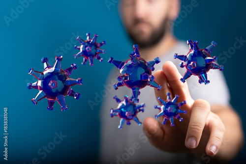 3D render of a person interacting with virus particles. Illustrating concept of healthcare, protection and vir